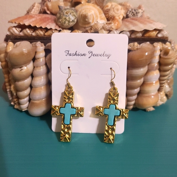 Jewelry - Turquoise Cross Earrings-Gold